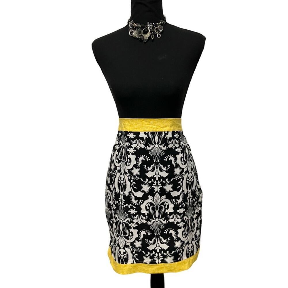 Hand Crafted Black, and White Floral Apron with Yellow Accents OSFM